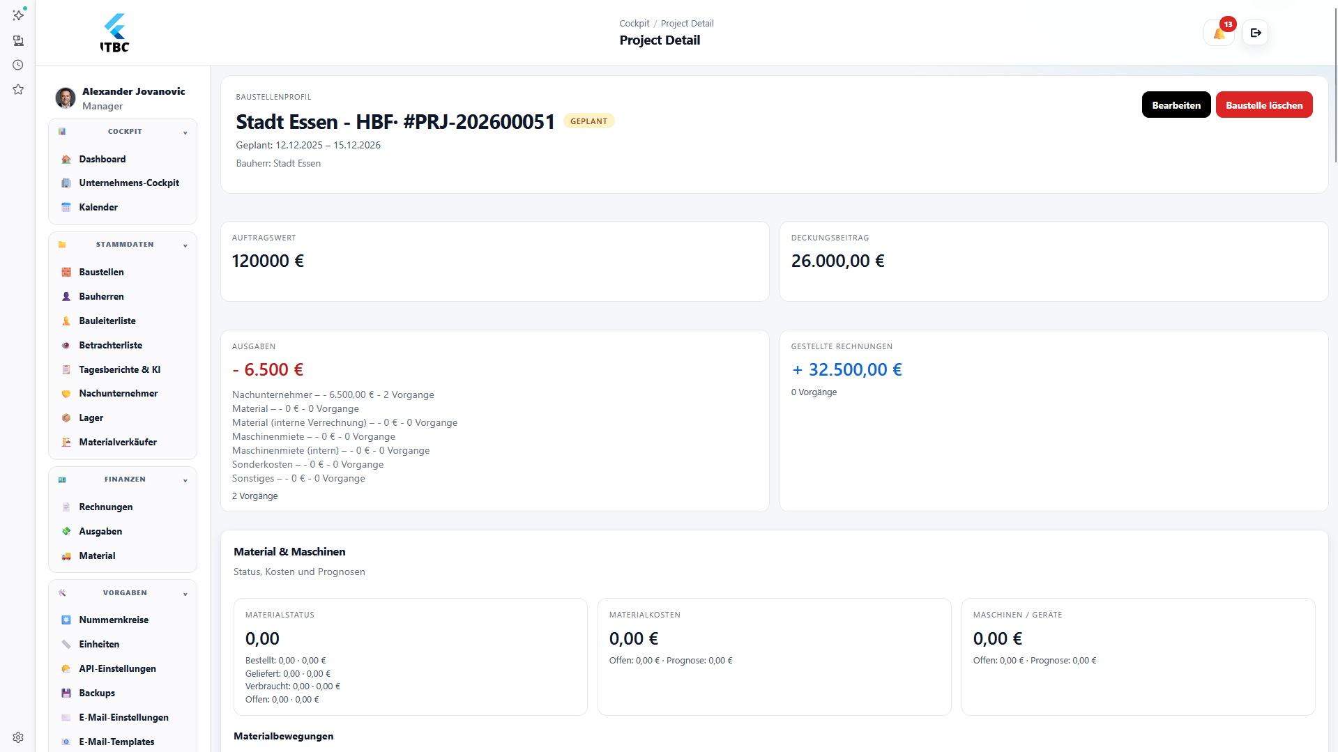 Baustellenliste: Status, Verantwortliche, Fortschritt