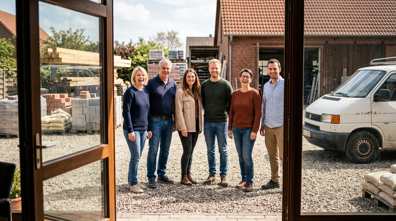 Team eines typischen kleinen Bauunternehmens: Blick aus dem Büro auf den Hof, mehrere Mitarbeitende in Alltagskleidung, freundlich in die Kamera blickend.