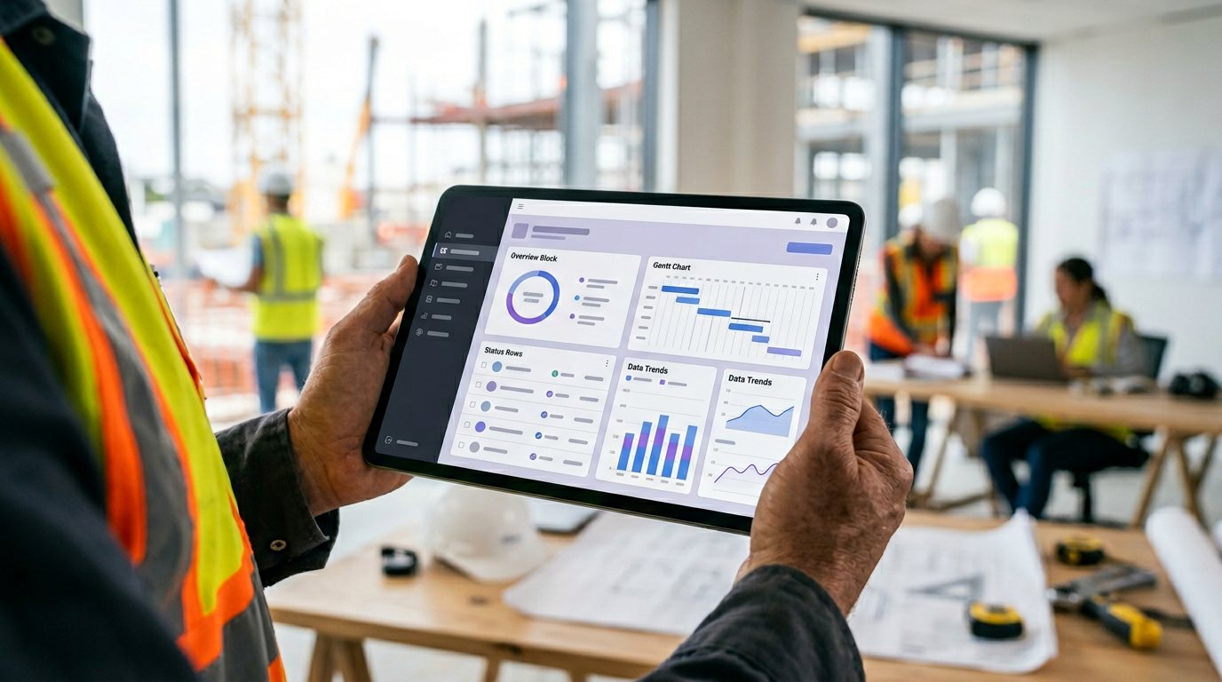 BauCockpit Dashboard: Baustellenprotokolle, Bautagebuch, Rechnungen, Material und Teamkommunikation gebündelt.