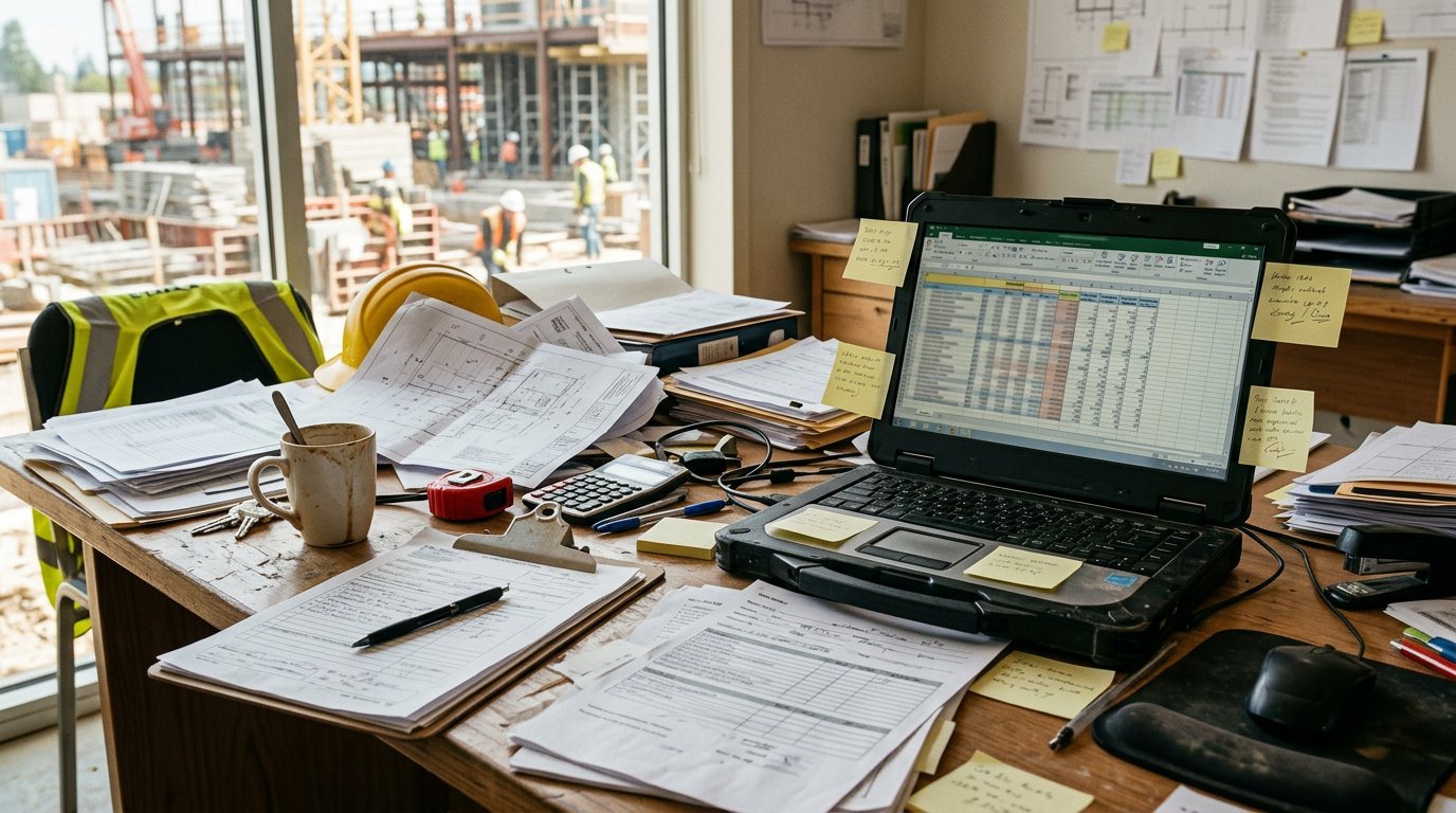 Unübersichtlicher Schreibtisch mit Zetteln, Formularen und Laptop-Tabellenkalkulation – Doppelerfassung und Chaos.