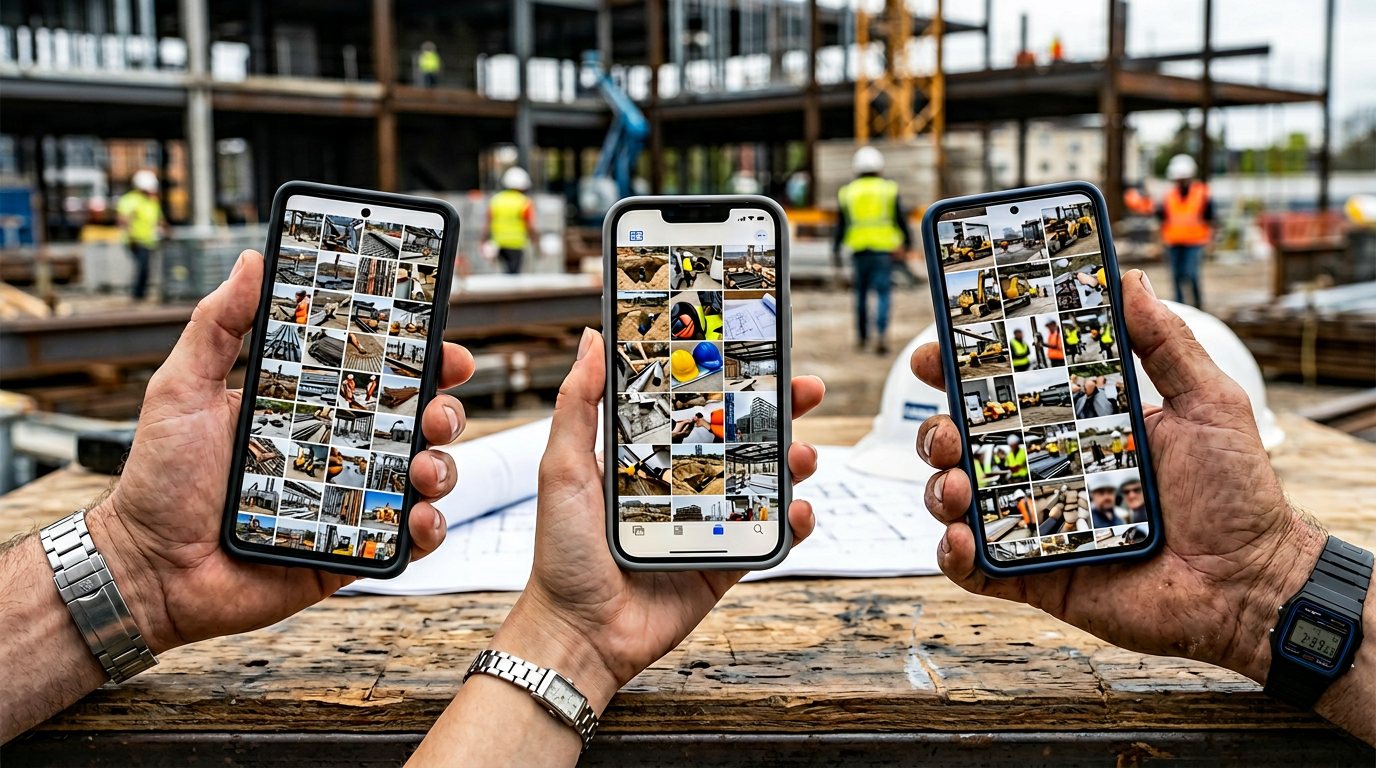 Mehrere Handys mit ungeordneten Baustellenfotos – keine zentrale, strukturierte Dokumentation.