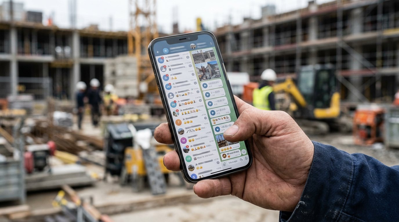 Smartphone mit überladenem Chat auf der Baustelle: viele Nachrichten, Fotos und Sprachnotizen ohne Überblick.