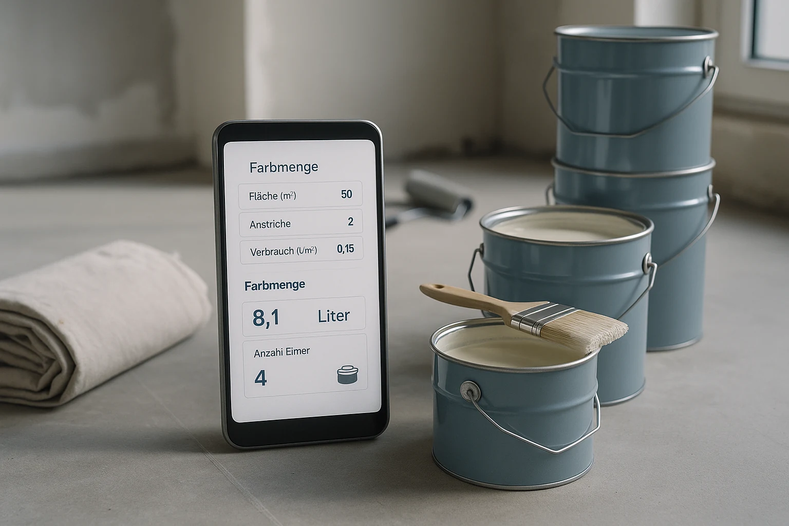 Farbverbrauch-Rechner (Liter & Eimer) – kostenlos